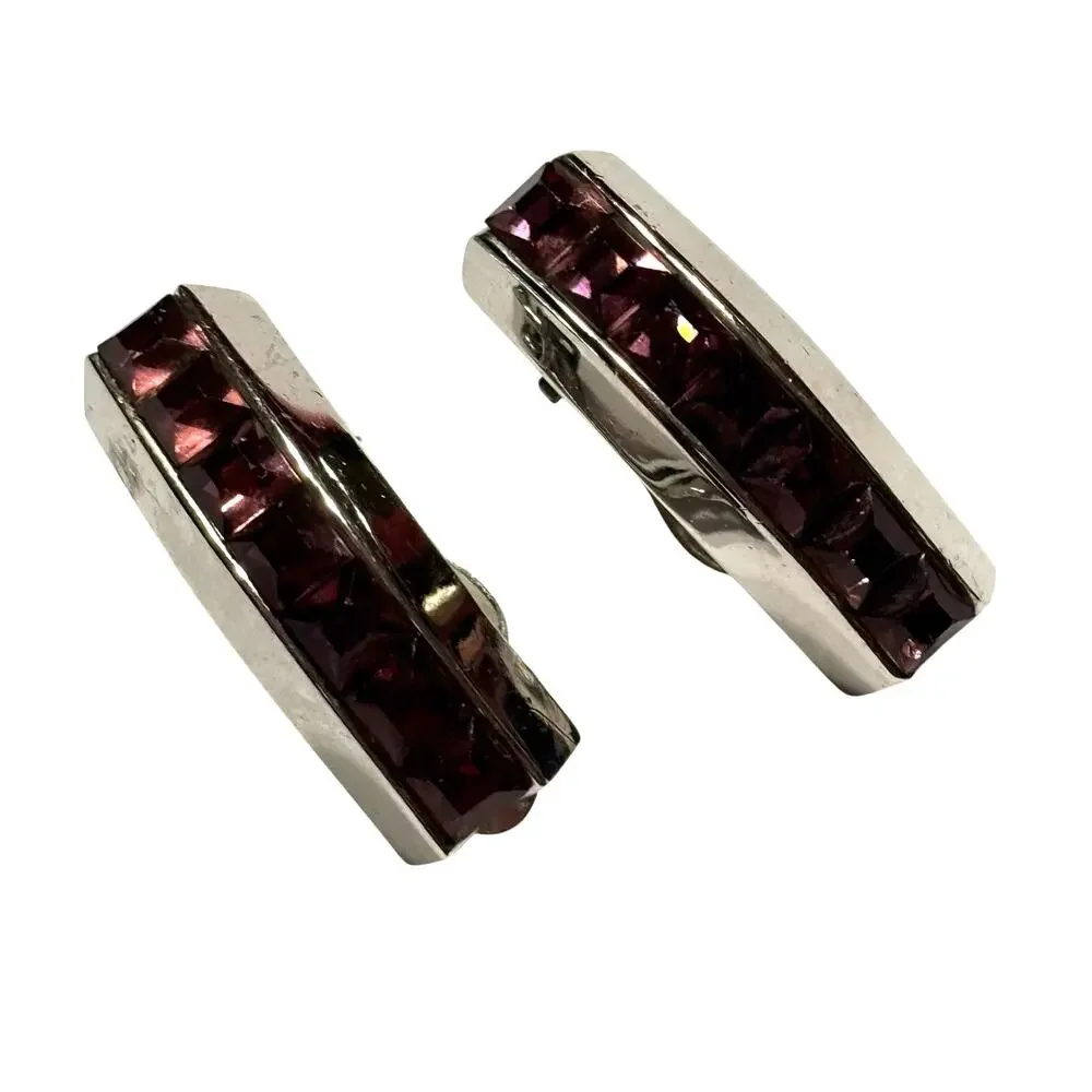 Whiting & Davis clip on earrings Silver & purple channel set rhinestones 1980's